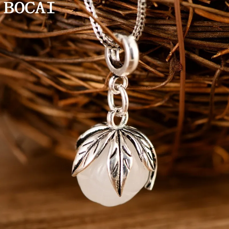 BOCAI S925 Sterling Silver Vintage Leaf Wrapped White Jade Marrow Pendant Fashionable Women's Gift