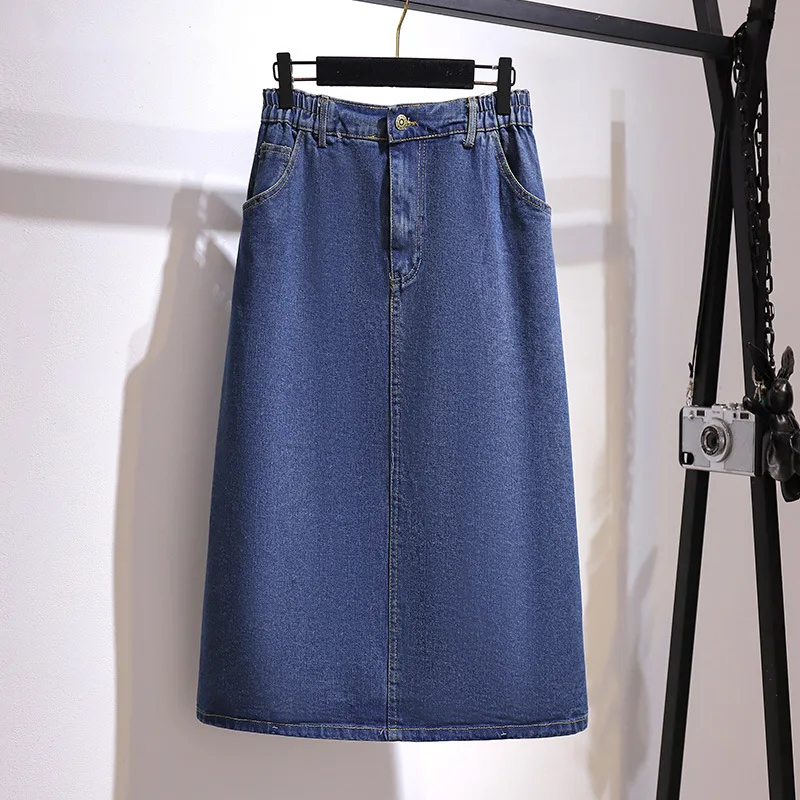 Large Size Women's Summer Loose One-Step Denim Skirt 5XL 6XL 7XL 8XL 9XL 150Kg  Elastic Waist Mid-Length Temperament Skirt Blue