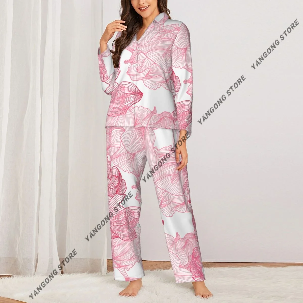 Pink Roses Womens Pajamas Loungewear Two-piece Sleepwear Button-Down Full Sleeve Long Pajamas Set
