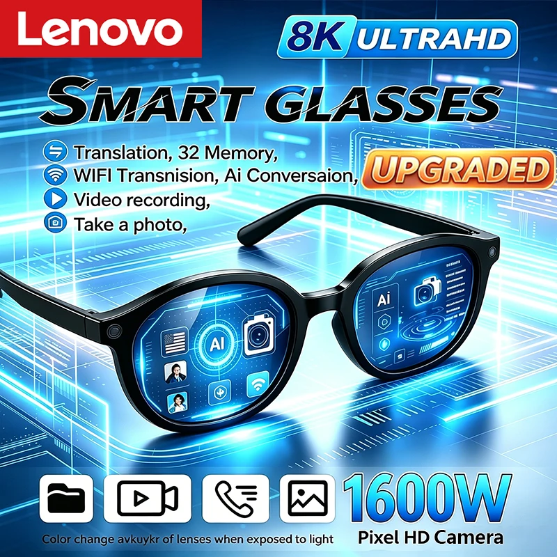 

Lenovo 2026 New 8K HD Smart Glasses 1600W Pixels Camera Shooting Image AI Translation Conversation Recording Music Smart Glasses