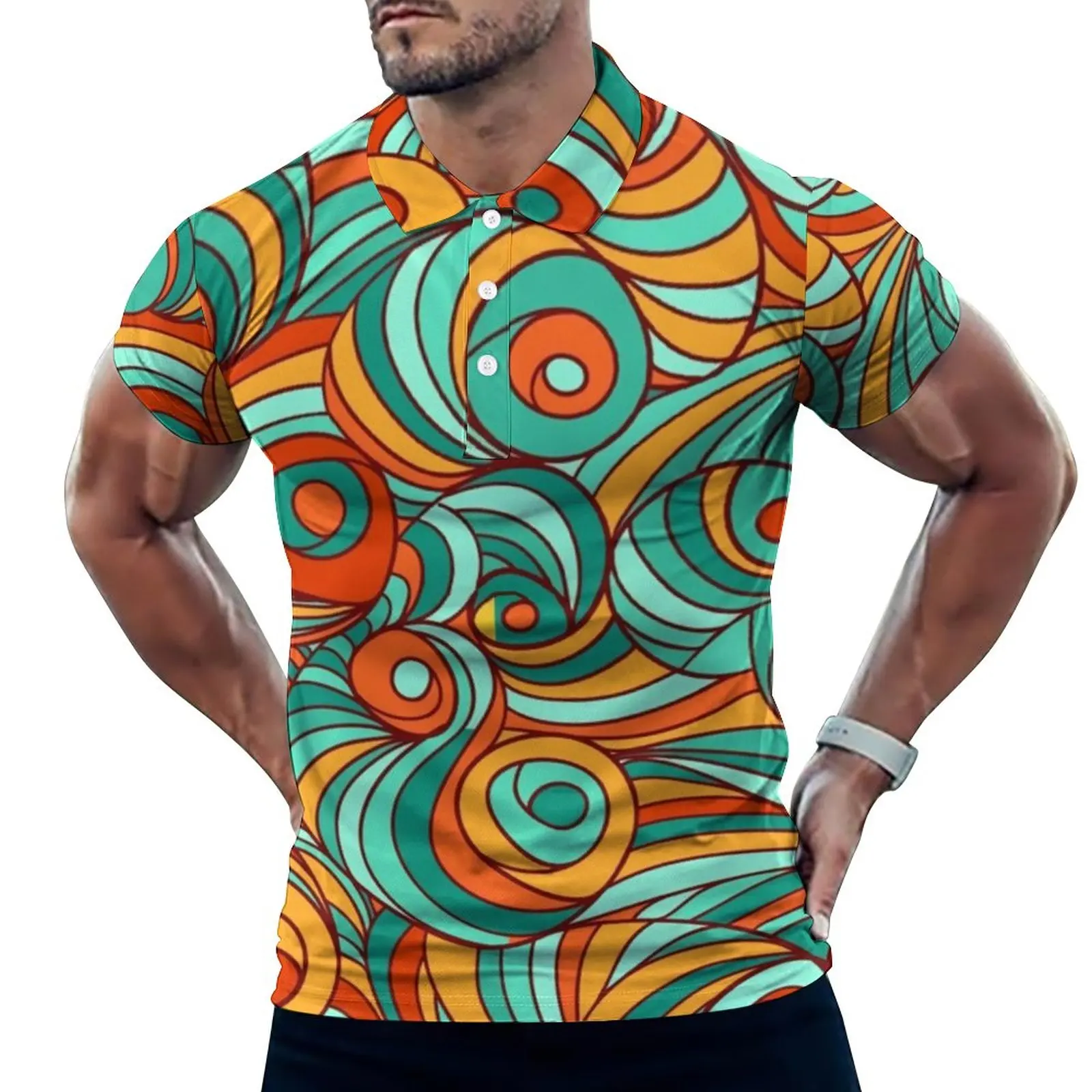 

Swirling Retro 70S Casual T-Shirts Abstract Lines Print Polo Shirt Turn-Down Collar Trending Shirt Day Male Graphic 3XL 4XL 5XL