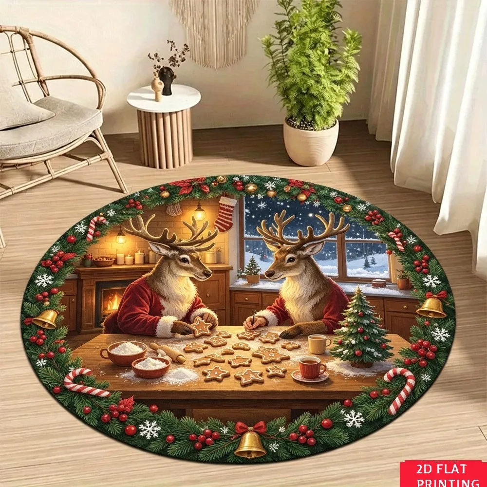 Festive Reindeer Baking Scene Round Printed Carpet Christmas Living Room Bedroom Home Decor Non Slip Floor Mat Holiday Cheer