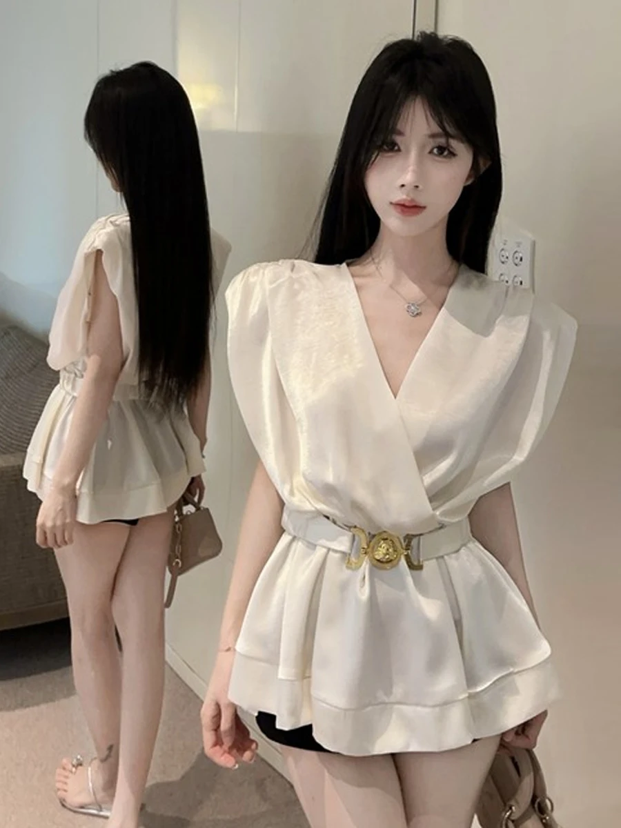 

Ele Vintage V-Ne Svel Top Slimming Waist Design Commute French Sle Women's irt No Button Closure Regular Length