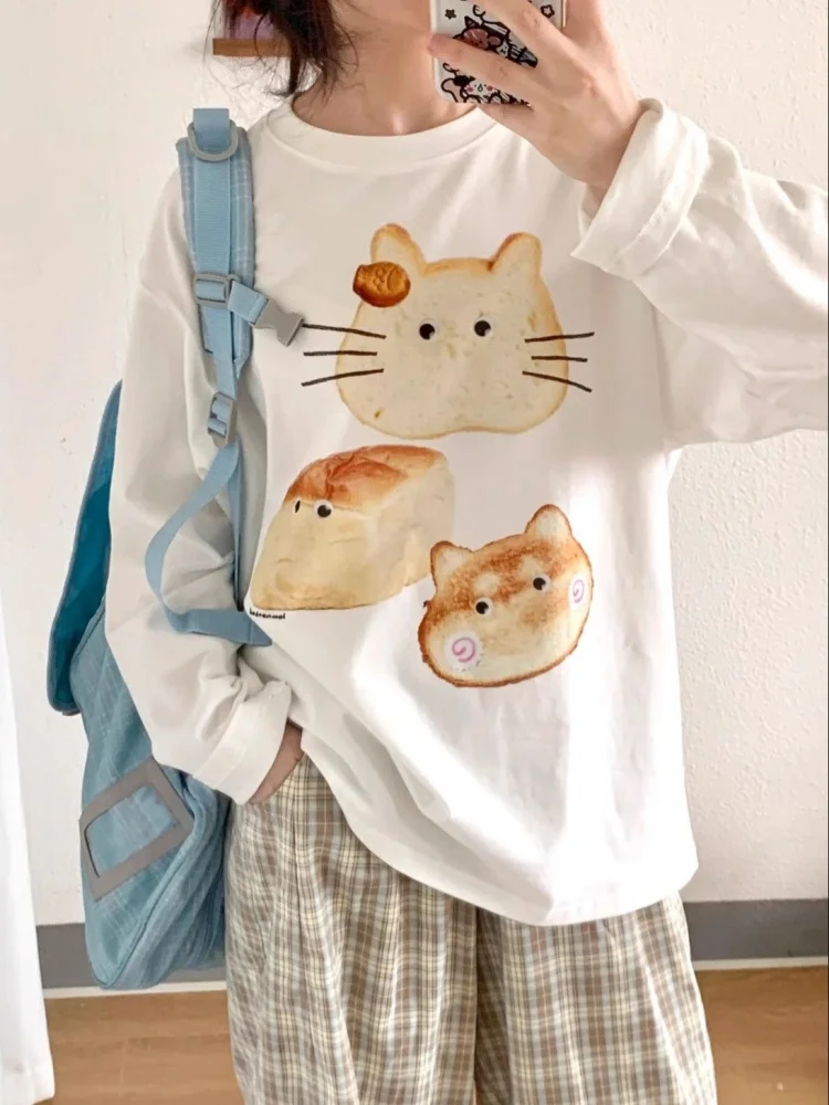 Harajuku Funny Bread Cat Face Printed Long Sleeved T-shirt Loose Pullover High Quality Pure Cotton Oversized Tops Sweet Korean