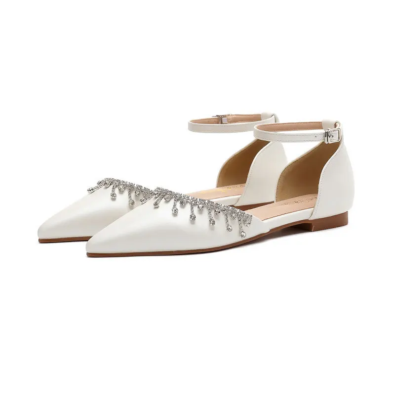 2026 New Bride Wedding Shoes Women's Flat Ivory White Pointed Toe Tassel Rhinestone Ankle Strap Summer Party Dress Shoes Q-765