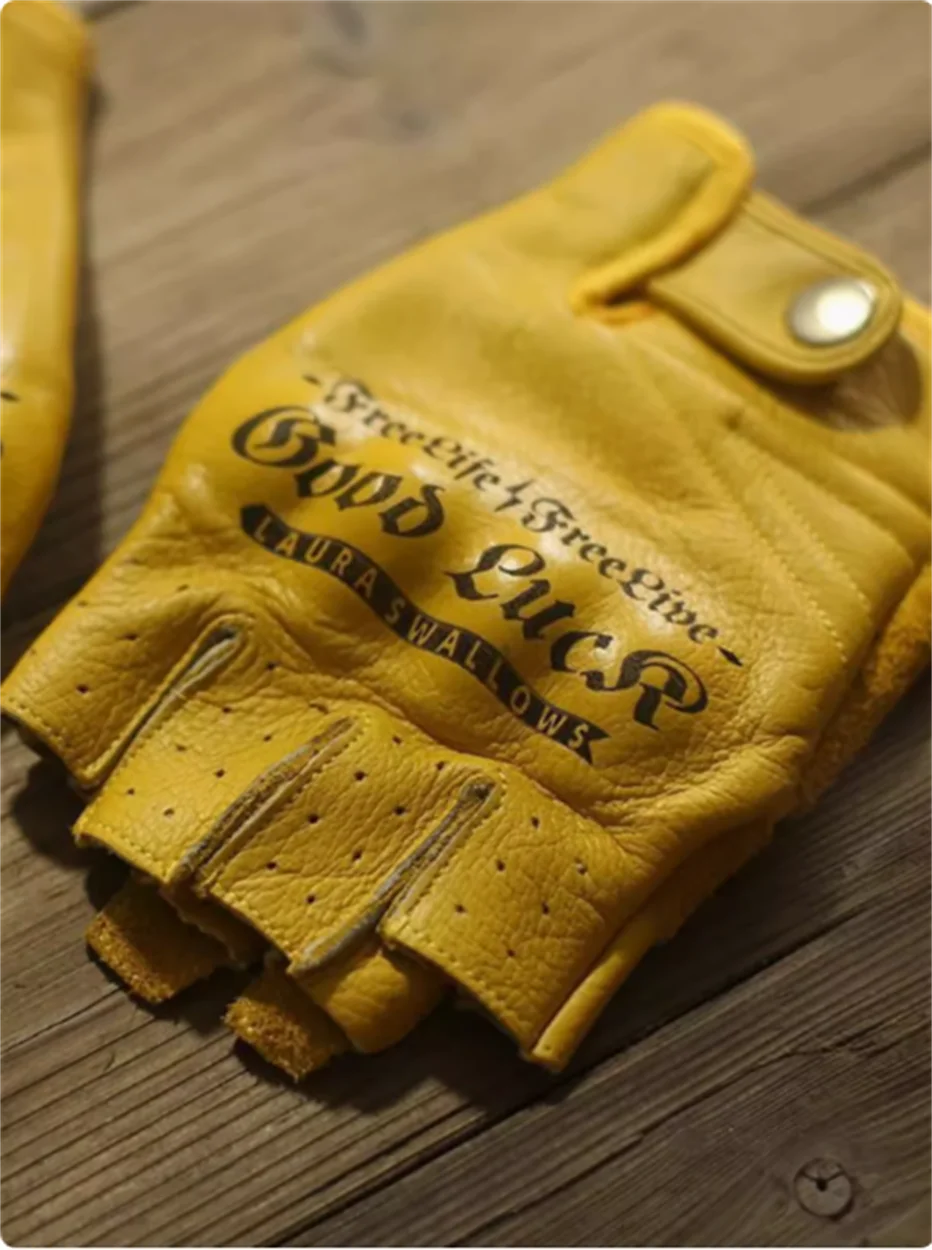 Summer Yellow Top Layer Cowhide Half Finger Motorcycle Riding Gloves