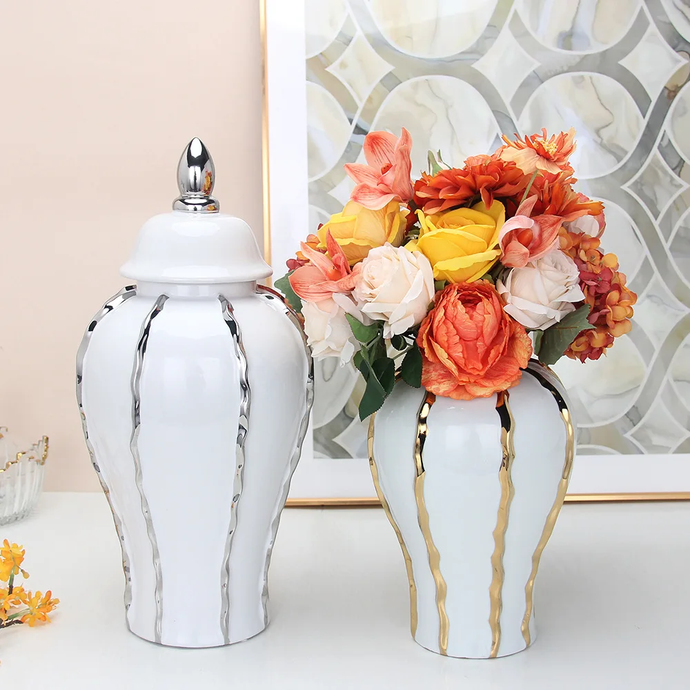 Ceramic General Tank Silver Stripes with Raised Grain Porcelain Ginger Pot  Flower Vase Home Arts and Crafts Decorations