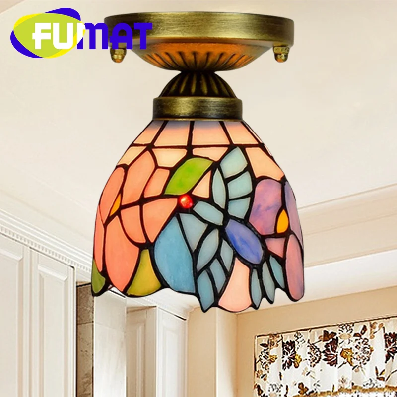 FUMAT Tiffany style stained glass 6inch pink bird chandelier ceiling light for bedroom study hallway hallway balcony LED decor