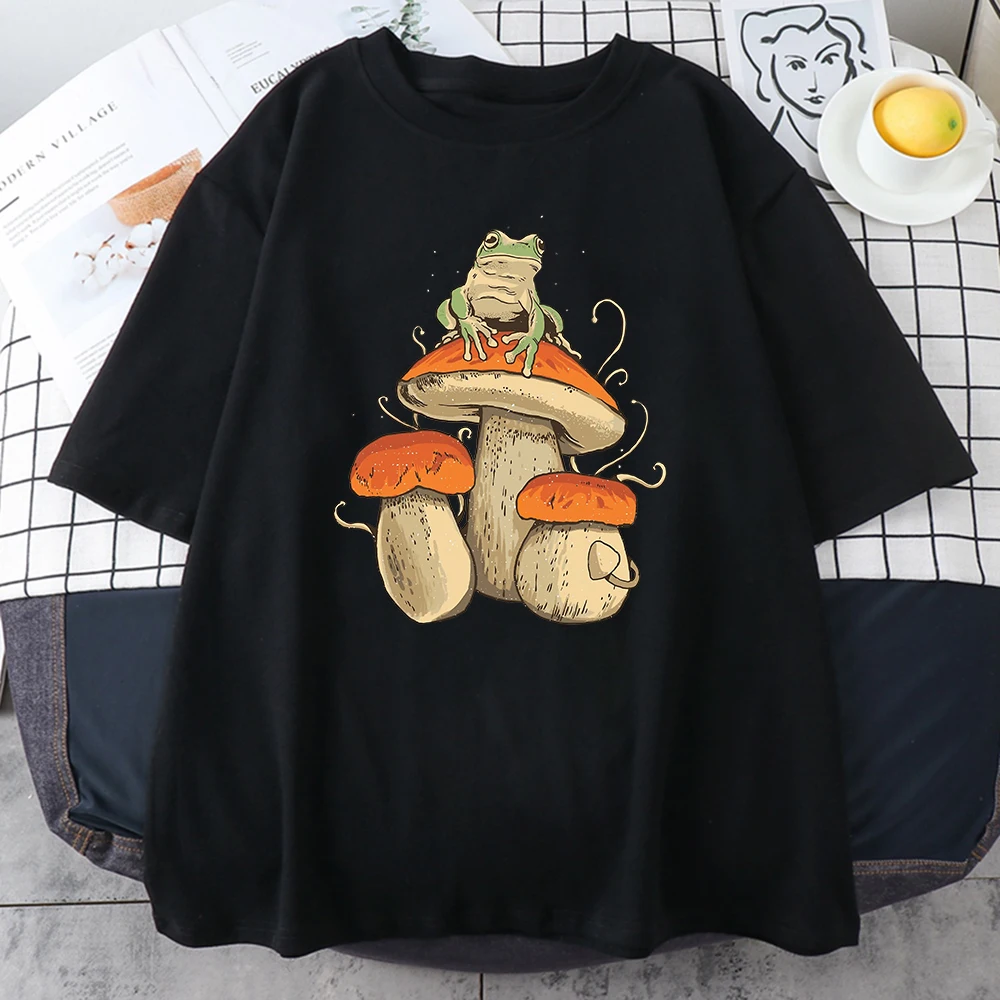 Cottagecore Aesthetic Mushroom Dark Academia Frog New Male Tshirts Hip Hop Sweat T-Shirt Summer Tops Cotton Oversize Men Clothes