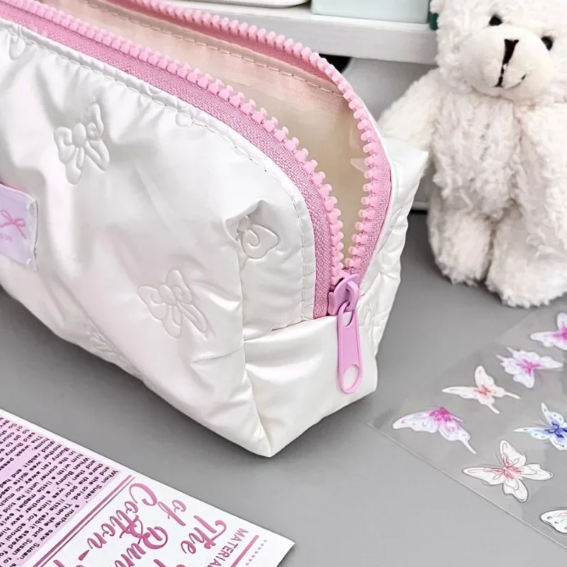 1 Piece Ins Style Student Simplicity Korean Pencil Pouch White Pink Color Bow Pencil Bag Large Capacity Stationery Storage Bag