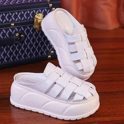 7.5cm Weave Microfiber Synthetic Leather Sandal Slippers Pumps Platform Wedge Non-slip Flats Summer Peep Toe Women Shoes 2024