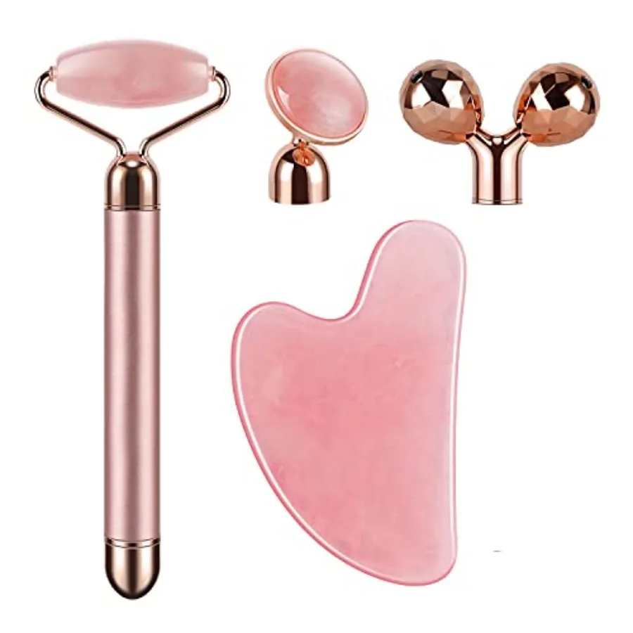 

4in1 Face Massager and Gua Sha Set for Women Rose Quartz Face Roller Skin Care Tools Electric Eye Massager Tool for Face Skin R