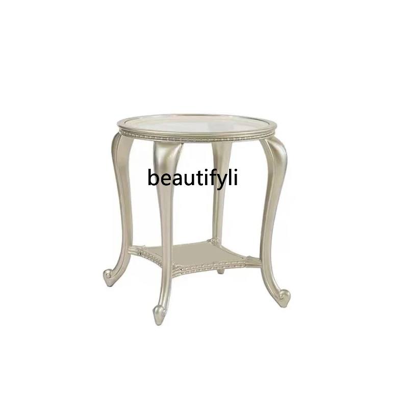 

American Light Luxury Sofa Side Table High-Grade Living Room French Corner Table Solid Wood Glass round Household