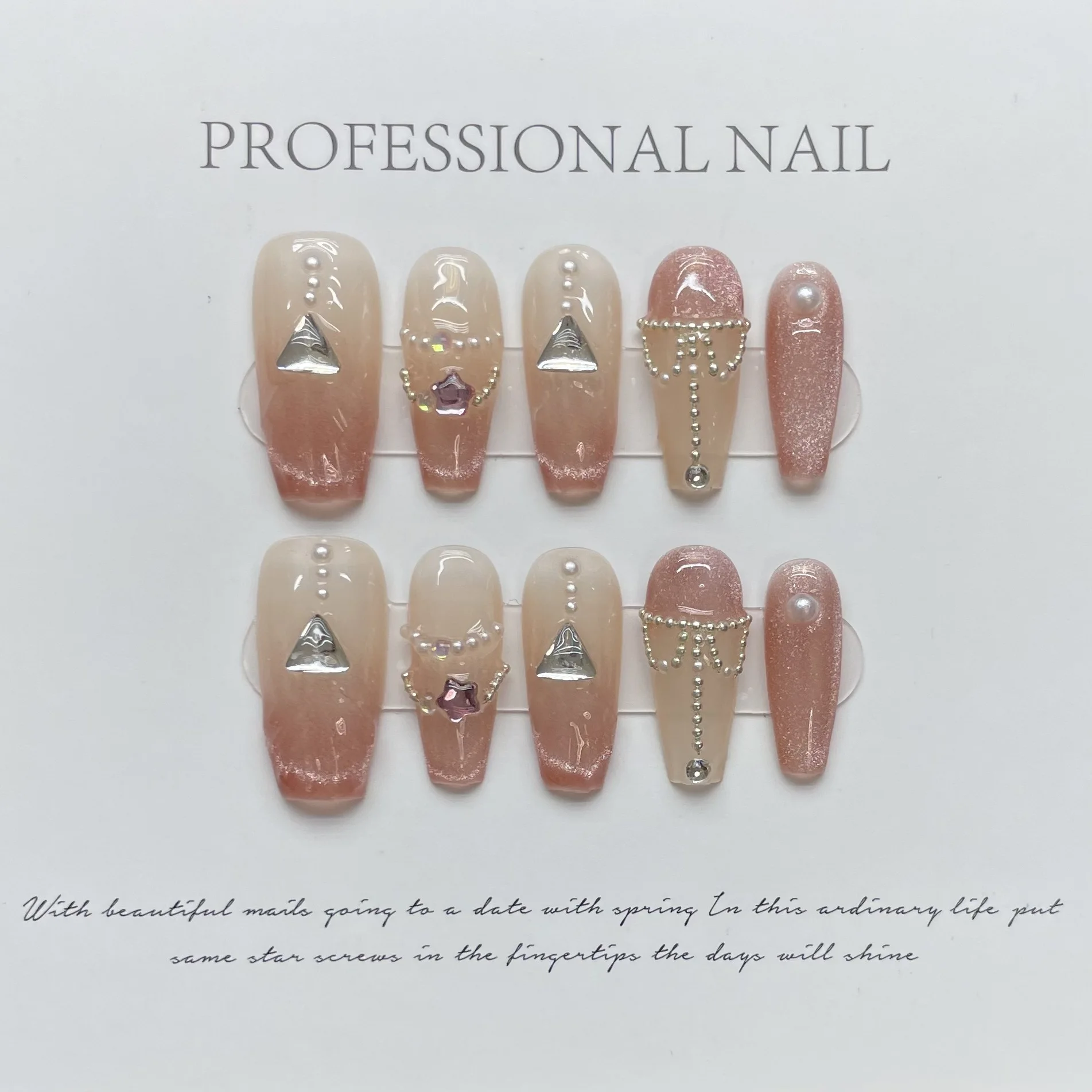 

10 PCS Luxury Handmade Press on Nails Middle Trapezoid Fairy Skirt Design False Nails with 4-PIECE Tool Adhesive Nail Glue Tabs