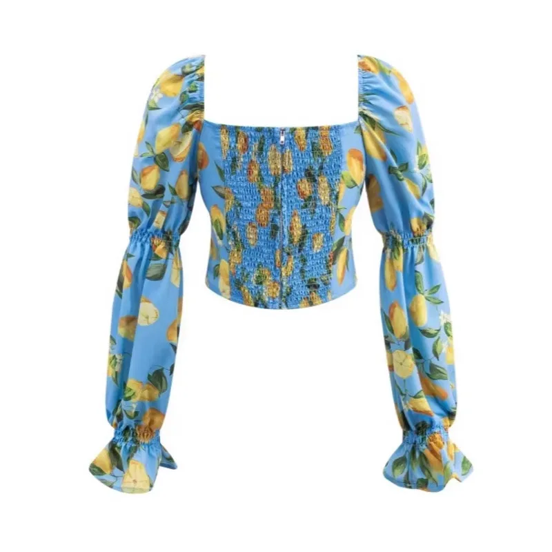 ANJY 2026 Spring Summer New Women French Fashionable Fresh Lemon Print Flared Sleeve Slim Fit Top Chic Ins Tide Versatile A19191