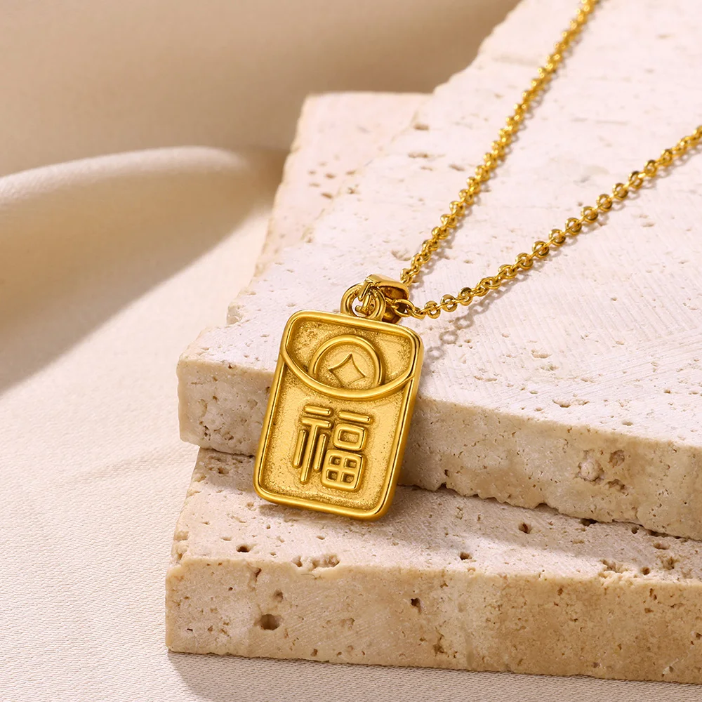 Chinese FU Characters For Fortune Necklace Women Men Blessing Jewelry Stainless Steel Gold Color Mandarin Happiness Necklace