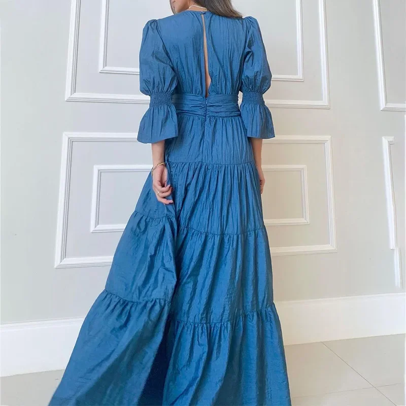 Bohe Dress Women Loose V-neck High Waist Pure Color Slimming Backless Dress Long Sleeve Fashion Big Swing Dinner Dress