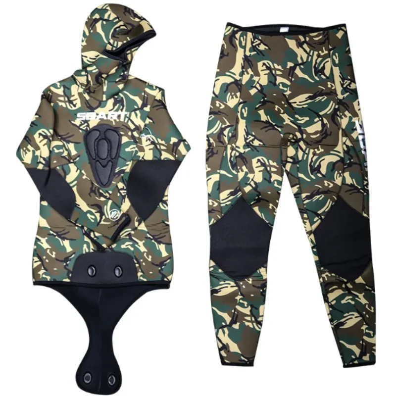 3mm Wetsuit Camouflage Long Sleeve Fission Hooded Two Pieces Neoprene Submersible For Men Keep Warm Scuba Hunting Diving Suit