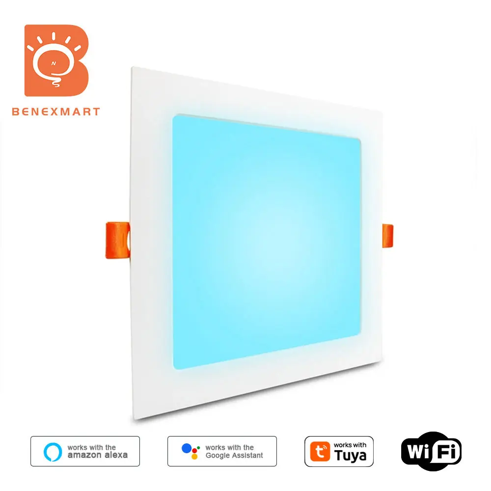 Benexmart WiFi 7w 10w 15w Led Smart Downlight RGBW Luz de teto embutida com painel quadrado funciona com Tuya Alexa Google Home