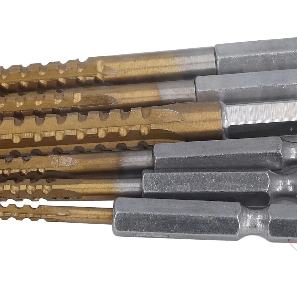 6pcs 3-8mm Sizes Twist Drill Bit Set 135 Degree Split Point Ti Coated HSS Serrated Drill Bits 1/4in Hex Shank
