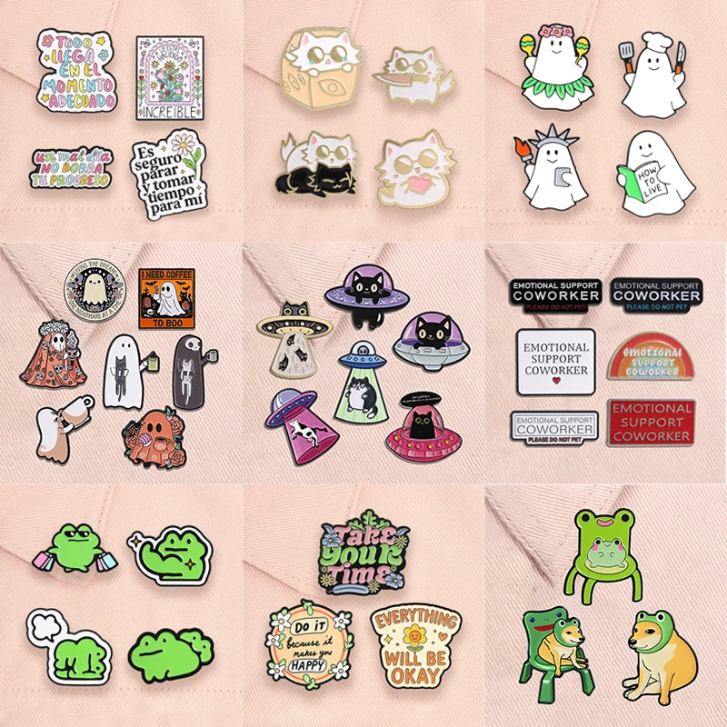 2-9pcs/set Halloween Ghost Enamel Pins Inspirational Quote Emotional Support Coworker Brooch Anime Cat Animal Badge Jewelry Gift