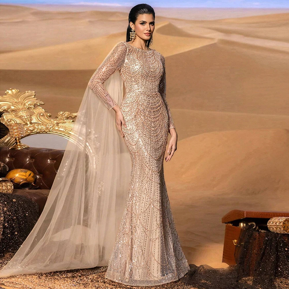 Elegant Rose Gold Muslim Pearls Mermaid Evening Dress Long Formal Gown for Women 2026 Arabia Dubai Prom Party Wedding Customized