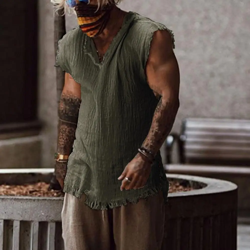 Men Vest Solid Color Casual Leisure Individual Old Style Loose Type Ripped Edge V Neck Sleeveless Men