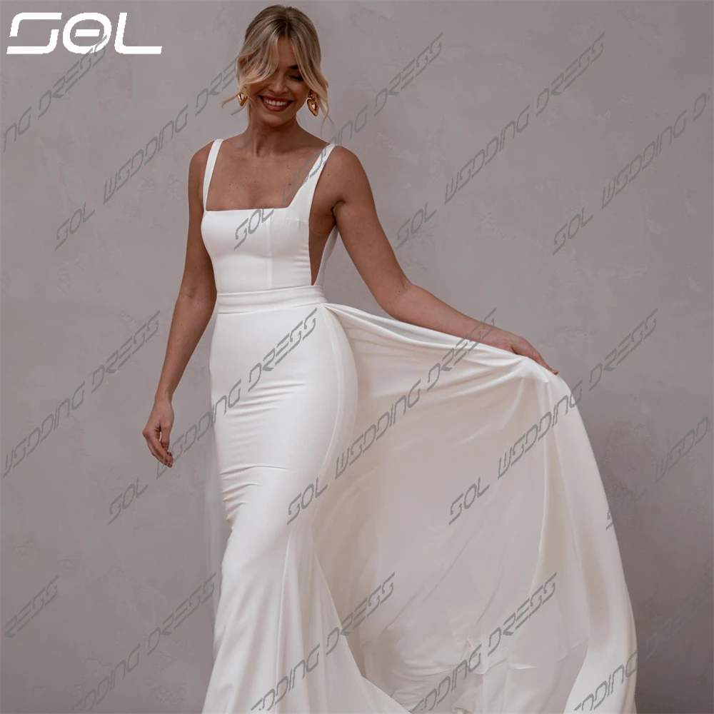 SOL-Sexy Destacável Longo Trem Vestidos De Noiva, Vestidos De Noiva De Colarinho Quadrado, Elegante Sem Encosto Vestido De Sereia De Cetim