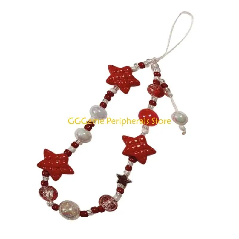 U55B Elegant PVC Star Beaded Keychain Pendant Chain Strap Fashion Cellphone Rope Women Telephone Lanyard Jewelry