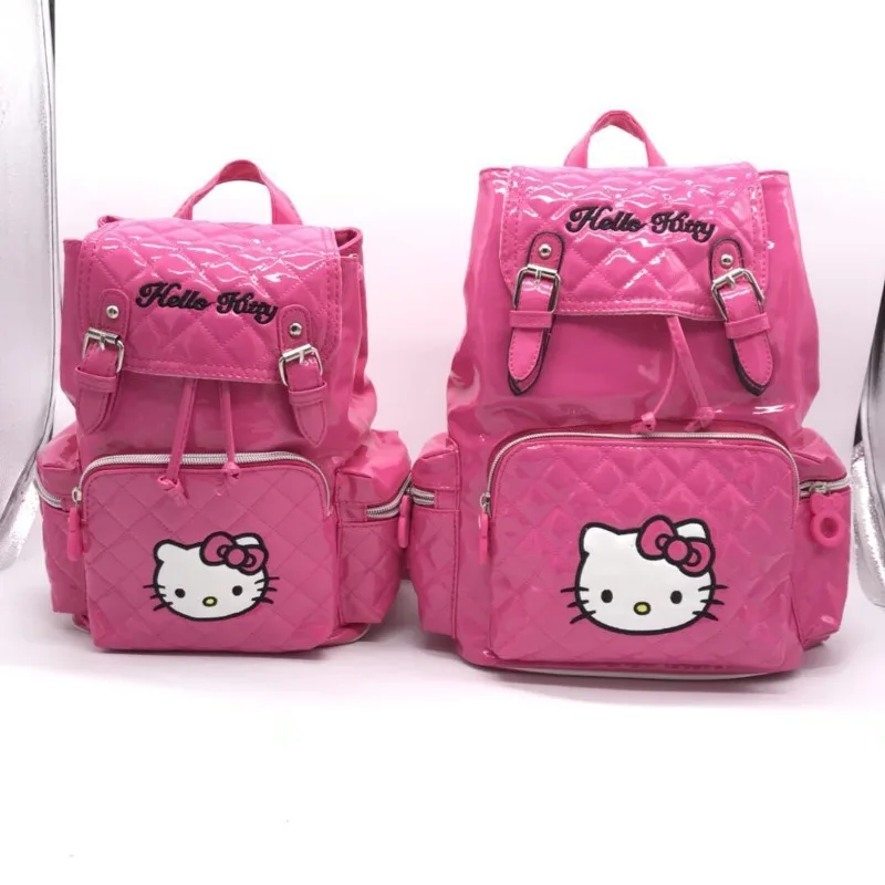 Sanrio New Korean Style Casual PU Glossy Drawstring Back Pack for Girls Going Out Hello Kitty Backpack Waterproof School Bag