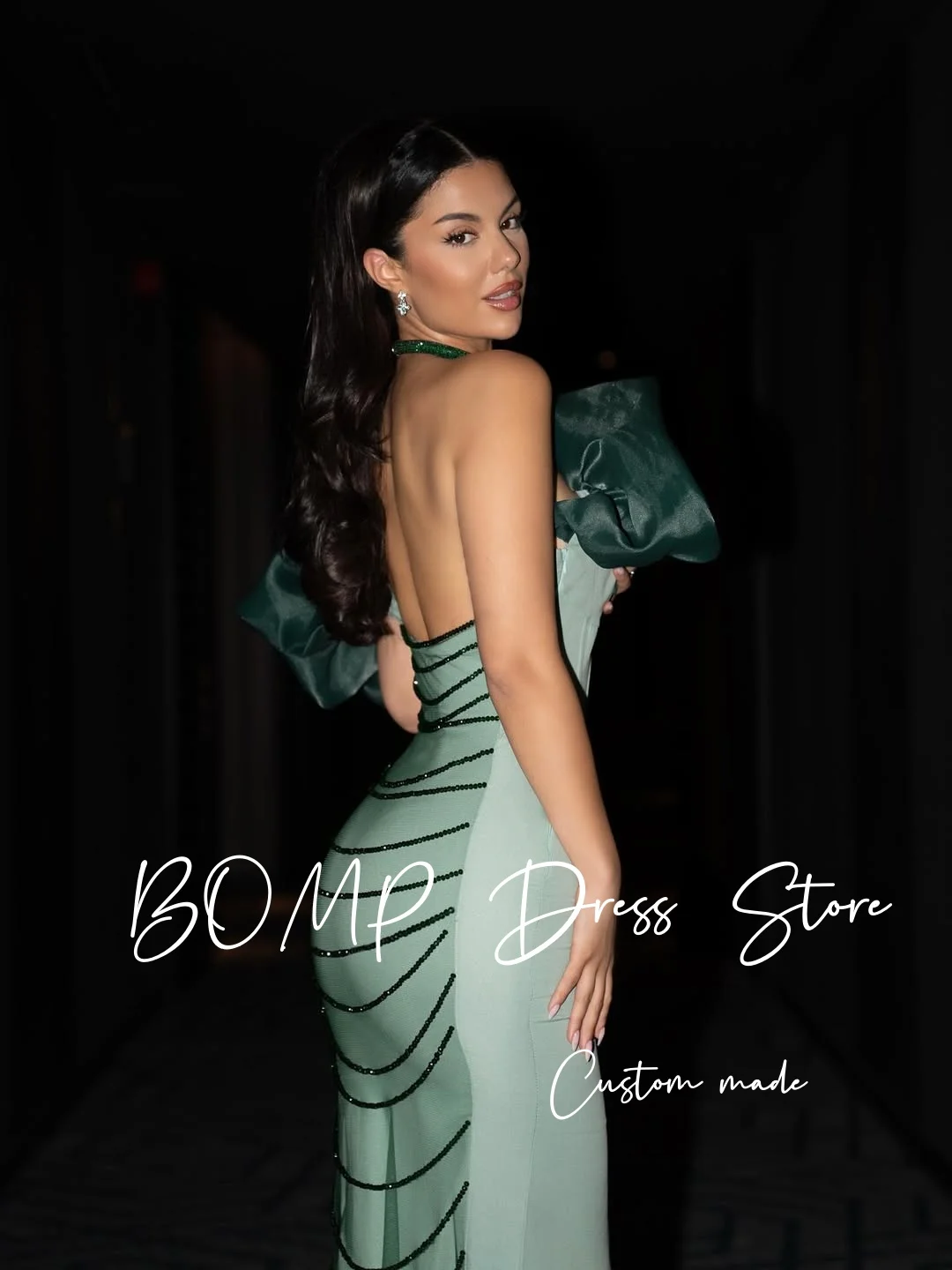 BOMP Elegantes Abendkleid aus grünem Satin, Meerjungfrau, dunkelgrün, Organza, Perlenstickerei, für formelle Anlässe, Abendkleid, individuelle Partykleider