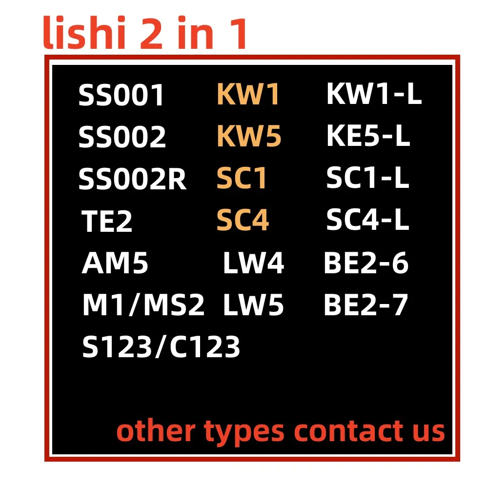 

Lishi 2 в 1, 2 в 1, SS001, SS002, SS002R, LW4, LW5, TE2, S123, KW1, KW5, SC1, SC4, R52, M1/ MS2