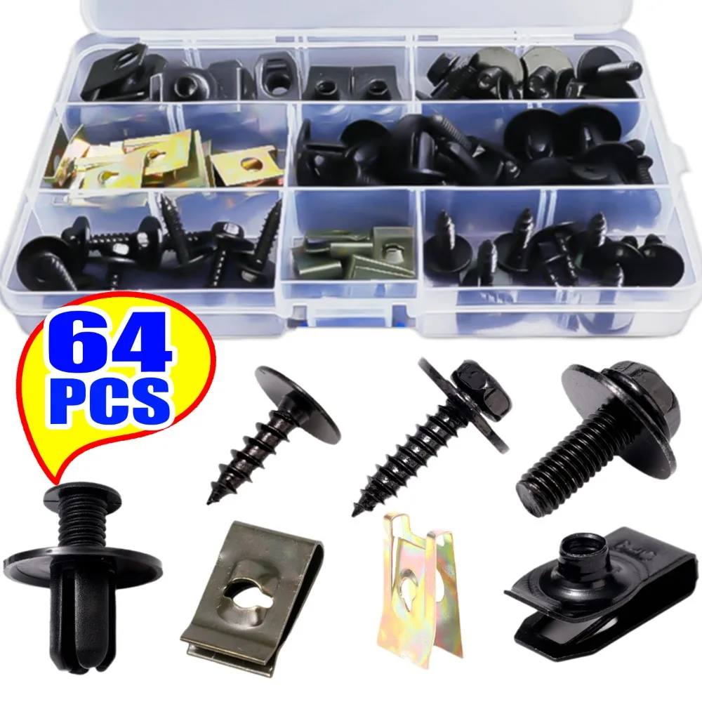 64 шт., автомобильная пряжка, U-образный зажим, автоматическая панель отделки, фиксированная быстрая проволочная шайба, заклепки, винты, болты, комплект крепежных элементов, аксессуары для модификации 64 шт., автомобильная пряжка, U-образный зажим, автоматическая панель отделки, фиксированная быстрая проволочная шайба, заклепки, винты, болты, комплект крепежных элементов, аксессуары для модификации