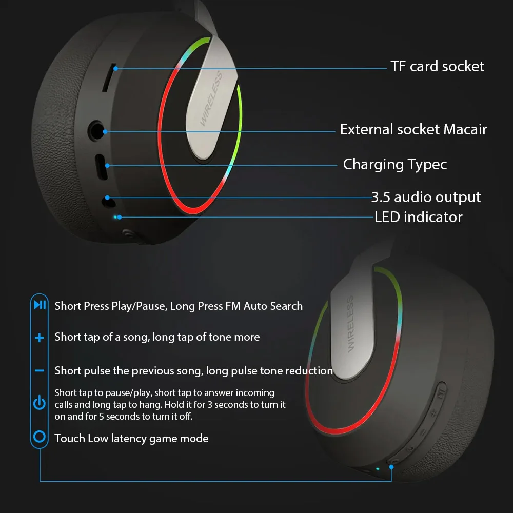 سماعات رأس لاسلكية مع ميكروفون سماعة ألعاب بلوتوث 5.1 سماعة أذن ستيريو محيطة ملونة خفيفة للكمبيوتر المحمول