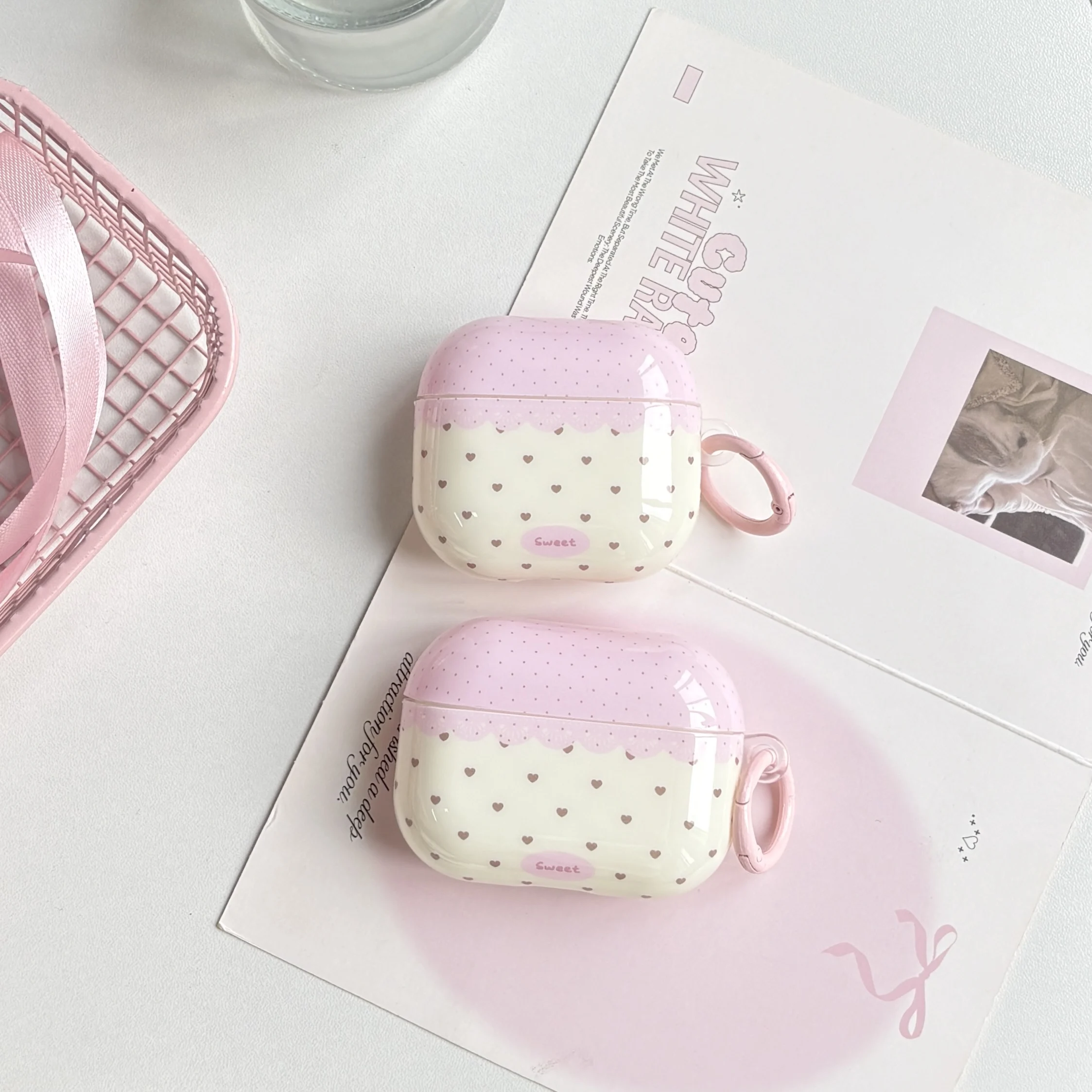 Japanese Style Kawaii Pink Polka Dot Heart Pattern with Lace Design Cute Earphone Cover Case For AirPods 5 1 2 3 4 Pro Pro2 Pro3