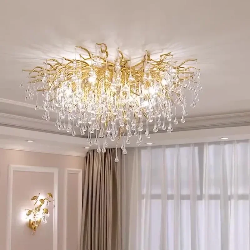

Luxury Big Ceiling Chandelier Modern Crystal Lamp Gold Water Drop Tree Branch Chandelier For Living Room Hotel Villa Hall Light