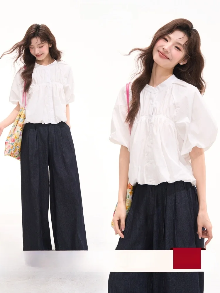 

Heme Floral Window Milk Flavored Puff Sleeve Short Sleeve Shirt Women Summer Sweet Style Pleated Cotton round Neck Button up