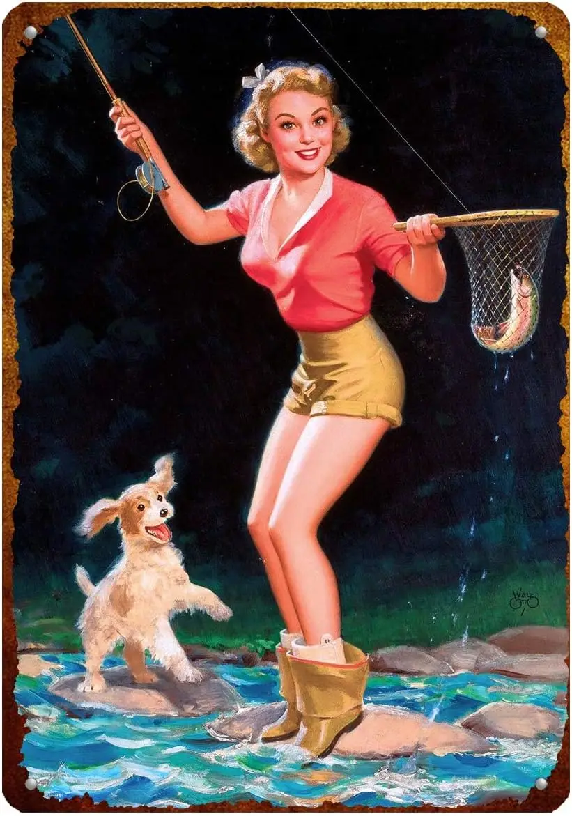 Vintage Style Metal Sign Pin Up Girl I Caught a Fish with Puppy Dog Beauty Girl Man Cave Aluminum Tin Sign  for Home Farmhouse F
