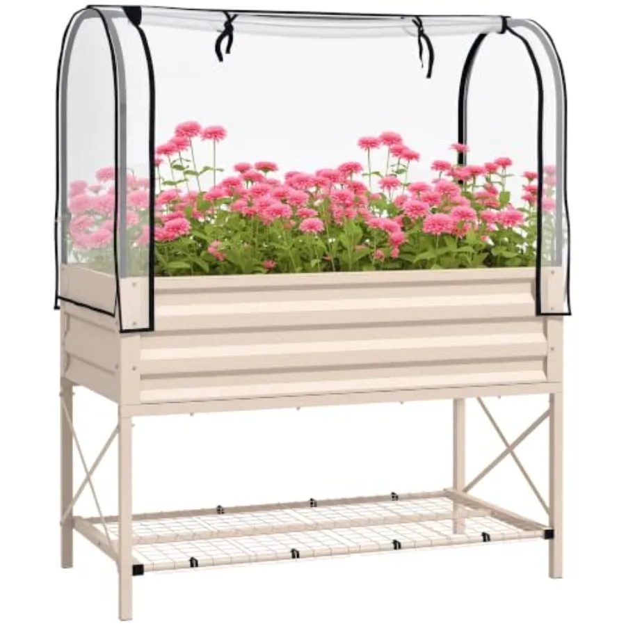 Raised Garden Bed with Cover and Storage Shelf, Cream