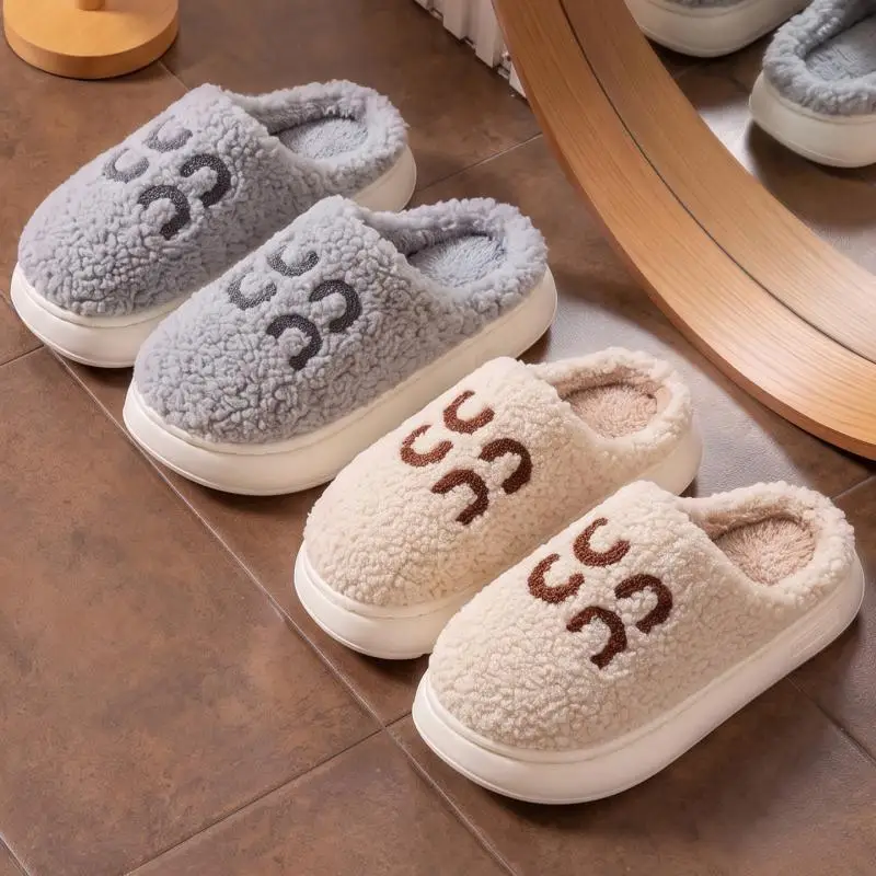 Fashion Letter Decorat Fluffy Indoor Slippers Women Winter 2026 Soft Cloud Thick Sole Warm Plush Slippers Women Lambswool Slides