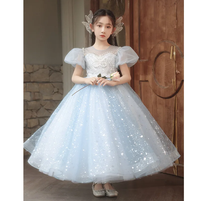 High end Girl Princess Dress Butterfly Pearl Beaded Blue 2024 Girl Wedding Dress Bridesmaid Children's Birthday Party Long Dress