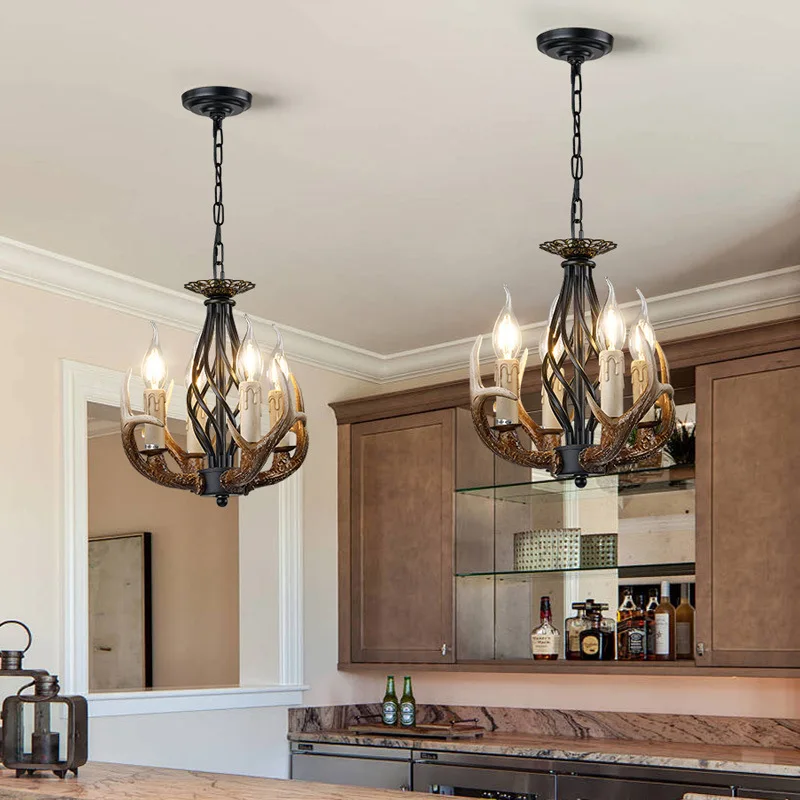 Retro Resin Pendant Light Creative Deer Antler Handicraft LED Hanging Lamp Restaurant Kitchen Cafe Indoor Chain Sling Chandelier