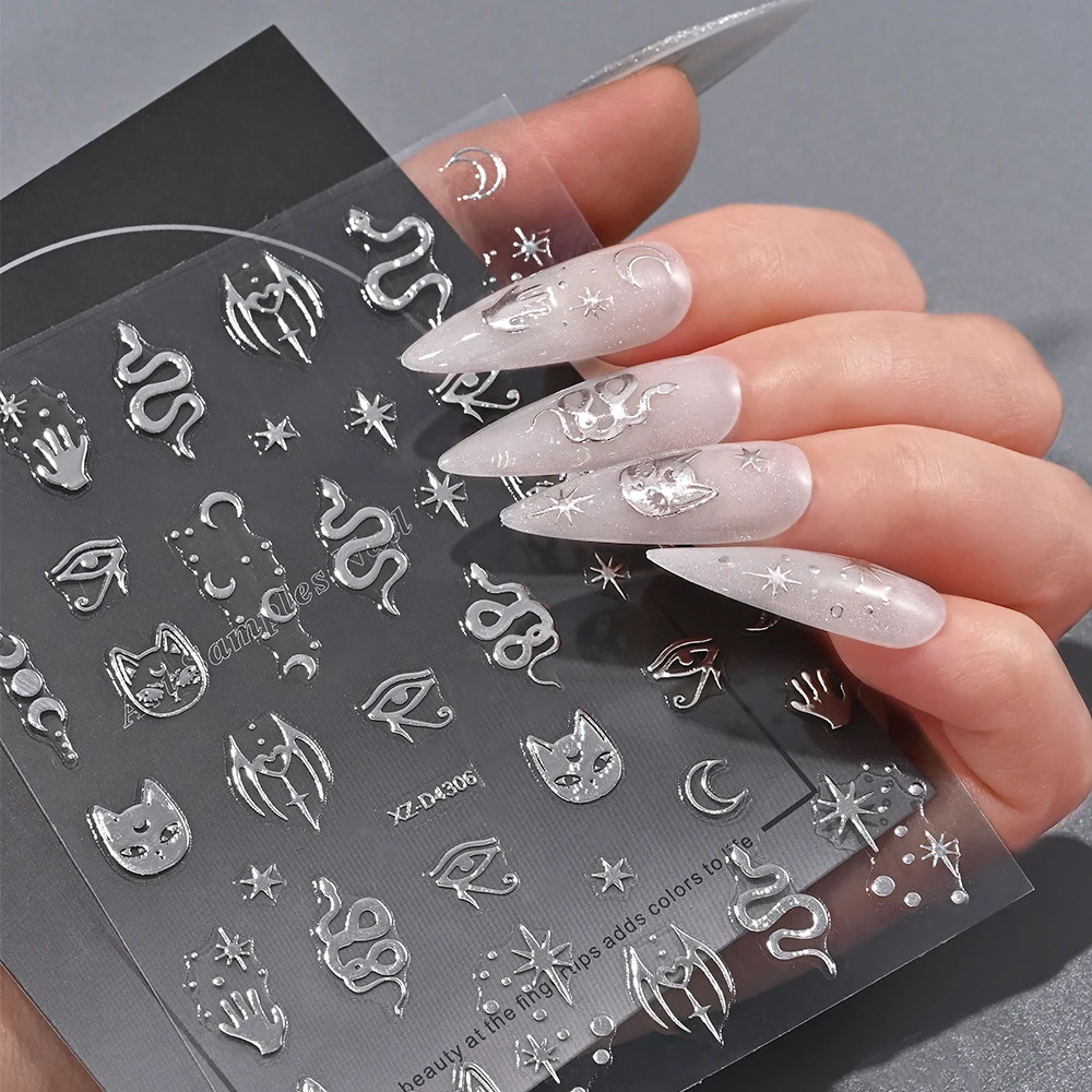 12 ชิ้น Glitter Silver Moon Star Sun Nail Art Decals 3D Bronzing งูแมวสติกเกอร์เล็บ 8*10 เซนติเมตร Self - กาว Starlight เล็บ Slider
