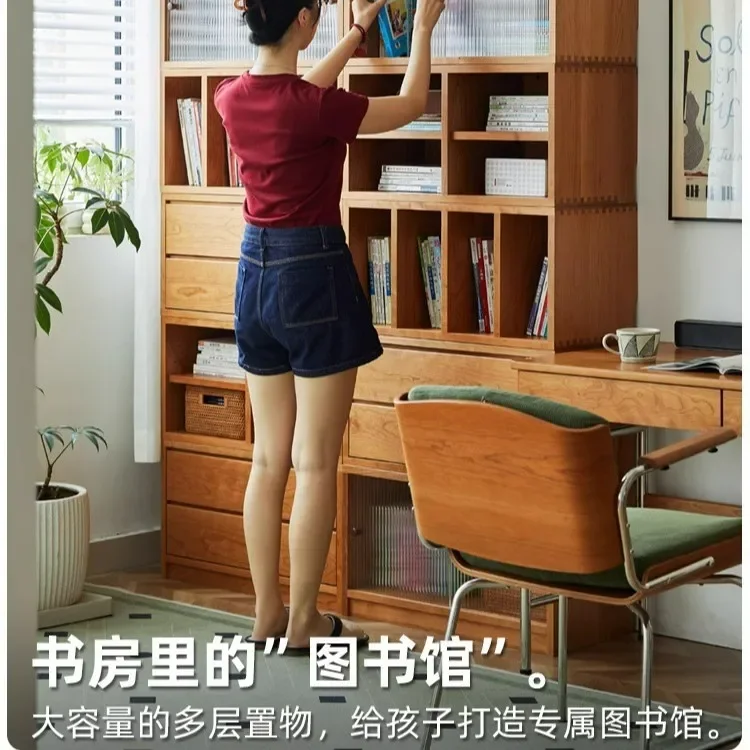 All solid wood bookcases are freely combined, modular floor-to-ceiling living room cherry wood bay window lattice displ