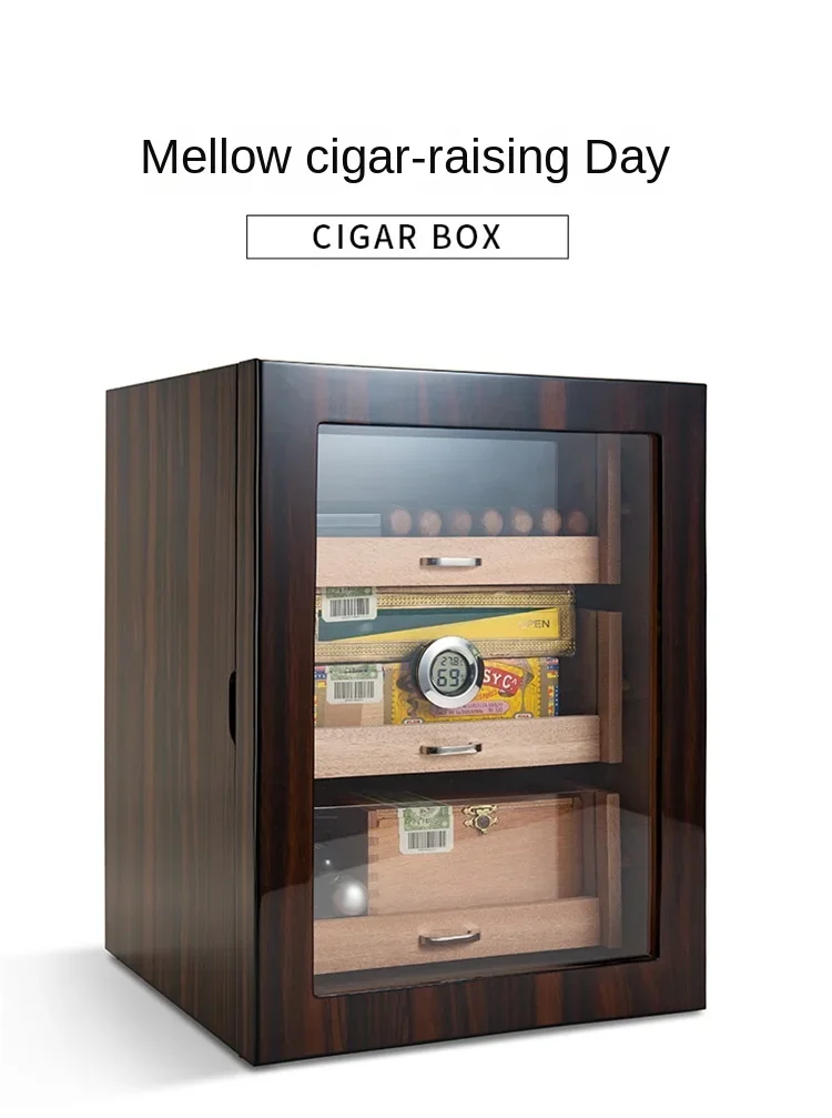 Large-capacity three-layer drawer cigar cabinet piano lacquer fir professional cigar moisturizing box with hygrometer