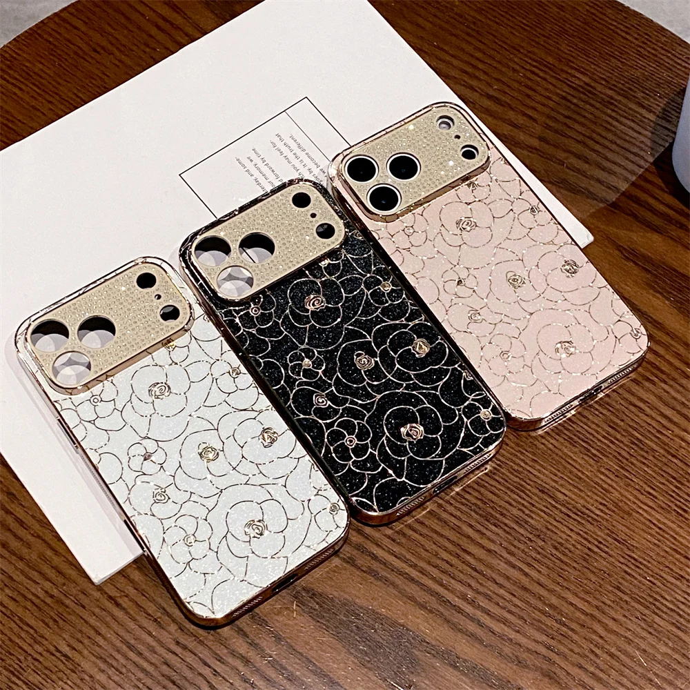 

Luxury C Style Glitter Camellia Flower Diamond Golden Frame Phone Case for iPhone 17 Pro Max 16 15 14 13 Camera Protective Cover