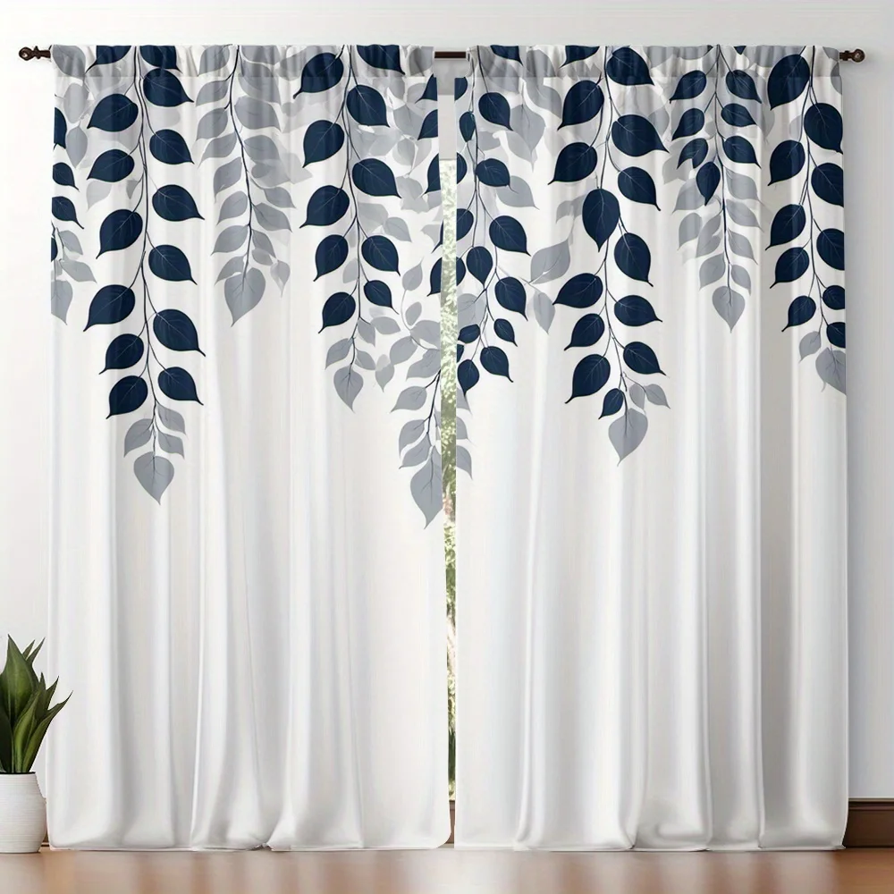 2pcs Botanical Leaf Draping Curtains Navy Gray White Rod Pocket Polyester Light Filtering Modern Decor Living Room Bedroom