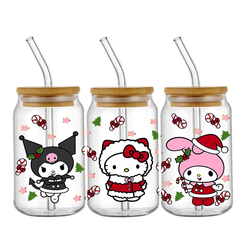 Miniso Hello Kitty Kuromis 16OZ UV DTF Cup Wraps Transfer Sticker For Glass Libbey Can Bottle Selfadhesive Washable DIY Custom