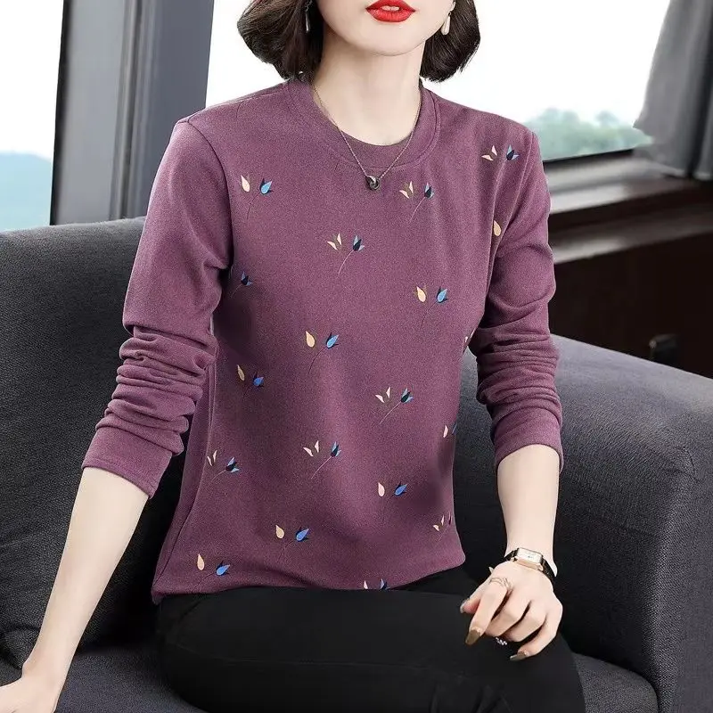 2023 New Women\'s Clothing Tops O-Neck Long Sleeve Thick Office Lady Commuter Autumn Winter Casual Printed All-match T-shirt