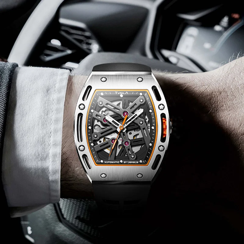 TVSILA Original Miyota Men's Automatic Mechanical Watch Stainless Steel Case Silicone Band Skeleton Waterproof Sport Wristwatch
